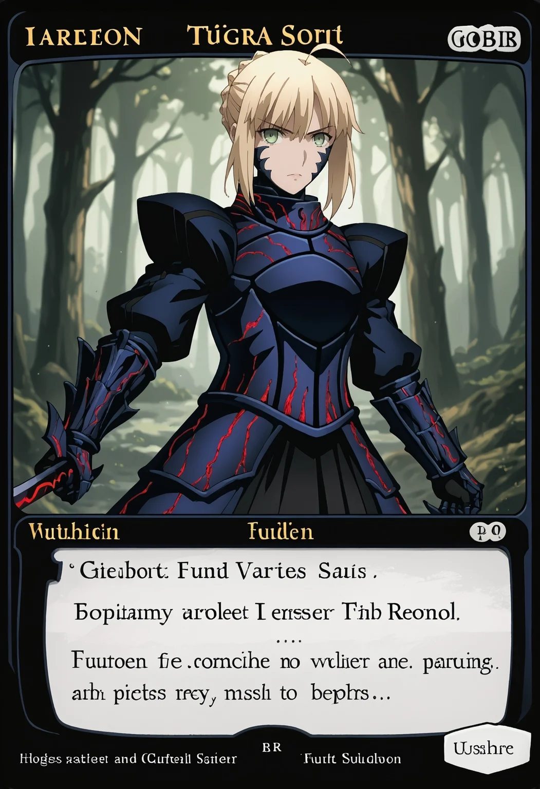 c4rd,english text,character name,
portrait, looking at viewer, serious, forest, from side, holding weapon, sword,
SaberFS, blonde hair, green eyes, short hair, french braid, ahoge, SaberAlter, dark persona, corruption, armor, black dress, gauntlets, juliet sleeves, faulds,
,score_9,score_8_up,score_7_up, source_anime,
<lora:MTG_card_v2:1> <lora:FateStayNightUBW_SaberXL:1>