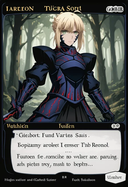 c4rd,english text,character name,
portrait, looking at viewer, serious, forest, from side, holding weapon, sword,
SaberFS, blonde hair, green eyes, short hair, french braid, ahoge, SaberAlter, dark persona, corruption, armor, black dress, gauntlets, juliet sleeves, faulds,
,score_9,score_8_up,score_7_up, source_anime,
<lora:MTG_card_v2:1> <lora:FateStayNightUBW_SaberXL:1>