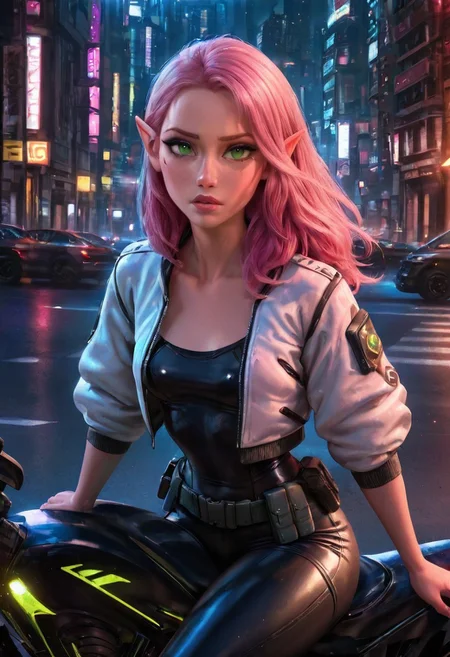 safe_pos, Smooth Quality, HDR, beautiful and intricate hair, protruding lips, lipstick, eyeliner, 1girl, sexy slim elf, long pink hair, glowing green eyes, small breasts, perfect face, white puff jacket, tight black leather pants, utility belt, combat knife, cyberpunk, sitting on motorbike, serious expression, outdoors, city street, night, looking at viewer, cowboy shot, 