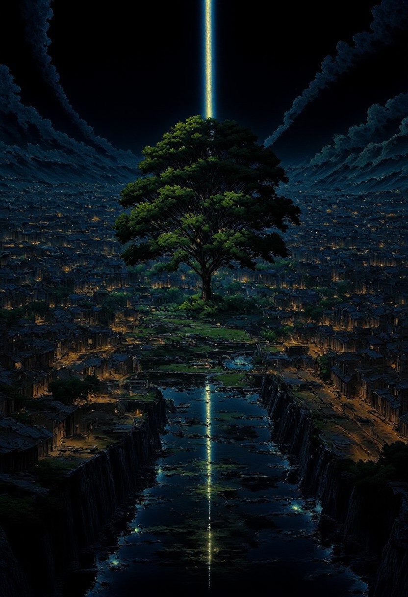 AnimeSky style, anime style, high lighting, Minimalist style city, with an octagon shape and canals that connect in the center of the city, the central focus is a large tree with luminescent leaves and is surrounded by water, which connects to the canals and connects with eight bridges between the canals to the city, it will have some large squares and houses, the sky would be at night where you can see a large galaxy accompanied by some planets.
high quality, best quality, masterpiece, high definition, high resolution