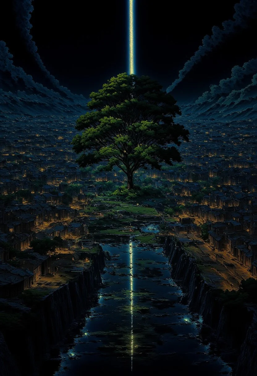 AnimeSky style, anime style, high lighting, Minimalist style city, with an octagon shape and canals that connect in the center of the city, the central focus is a large tree with luminescent leaves and is surrounded by water, which connects to the canals and connects with eight bridges between the canals to the city, it will have some large squares and houses, the sky would be at night where you can see a large galaxy accompanied by some planets.
high quality, best quality, masterpiece, high definition, high resolution