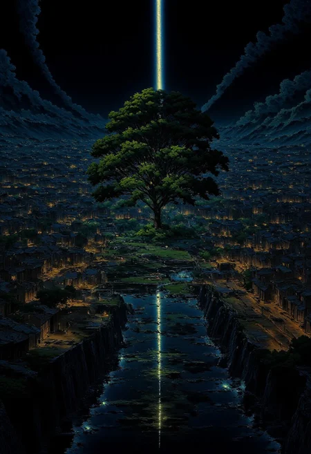 AnimeSky style, anime style, high lighting, Minimalist style city, with an octagon shape and canals that connect in the center of the city, the central focus is a large tree with luminescent leaves and is surrounded by water, which connects to the canals and connects with eight bridges between the canals to the city, it will have some large squares and houses, the sky would be at night where you can see a large galaxy accompanied by some planets.
high quality, best quality, masterpiece, high definition, high resolution