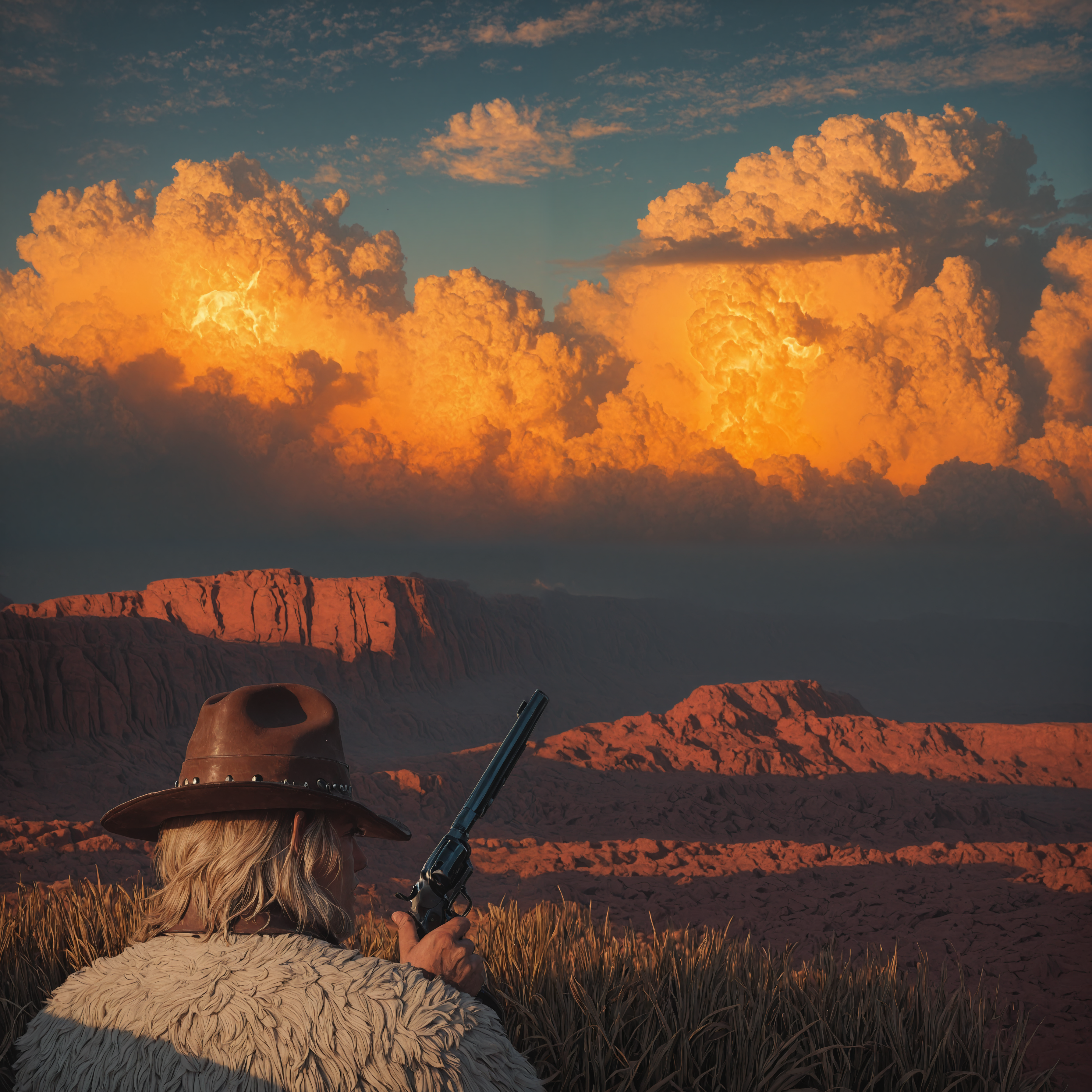 A cinematic Western scene at sunset, under a vast sky of towering, glowing cumulus clouds painted in fiery orange and deep violet tones, in the style of Mark Maggiori. In the foreground, a close-up of a rugged cowboy with weathered skin and visible facial scars â Red Harlow â holds a vintage Colt .45 revolver in crossed hands, aiming forward while screaming in a war cry. His rugged leather hat shows wear and tear, with a studded band around the crown. The cowboy's coat collar is fleece-lined, and his expression is intense and fierce. The warm golden light from the setting sun casts dramatic highlights and long shadows, illuminating the desert landscape with red rock formations and dry grass. Cinematic composition, vivid Western drama, bold lighting, painterly style.
IllusP0s