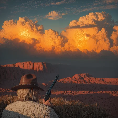A cinematic Western scene at sunset, under a vast sky of towering, glowing cumulus clouds painted in fiery orange and deep violet tones, in the style of Mark Maggiori. In the foreground, a close-up of a rugged cowboy with weathered skin and visible facial scars â Red Harlow â holds a vintage Colt .45 revolver in crossed hands, aiming forward while screaming in a war cry. His rugged leather hat shows wear and tear, with a studded band around the crown. The cowboy's coat collar is fleece-lined, and his expression is intense and fierce. The warm golden light from the setting sun casts dramatic highlights and long shadows, illuminating the desert landscape with red rock formations and dry grass. Cinematic composition, vivid Western drama, bold lighting, painterly style.
IllusP0s