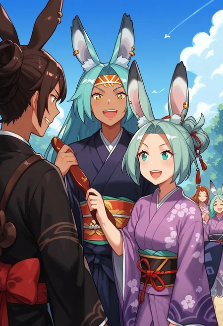 KIMONO luca, dragalia lost, animal ears, hagoita, paddle, japanese clothes, kimono, dark skin, brown hair, long hair, hanetsuki, rabbit ears, smile, outdoors, open mouth, yellow eyes, 3girls, day, sky, holding, looking at another, aqua hair, aqua eyes, blue sky, purple kimono, official alternate costume, green hair