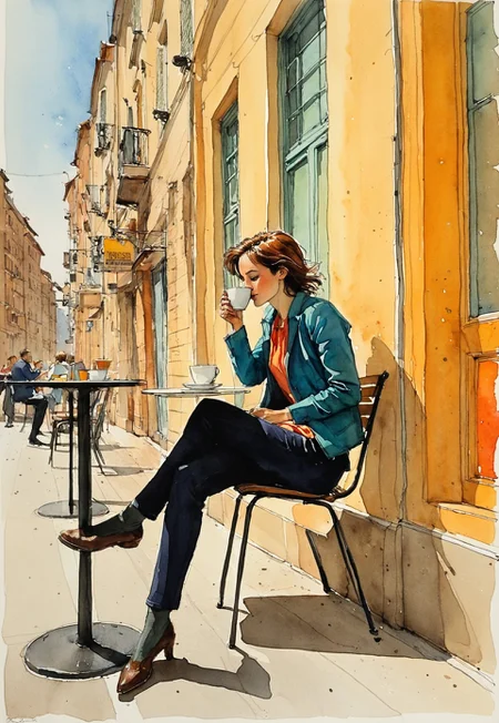(resplendent highlighting) in the style of casual line and wash sketch, hauntingly beautiful, violento colorido, influenced by Bernard Buffet, a contemporary watercolor painting, in the iconic style of Conrad Roset :: full body portrait of 1girl sitting at a street-side café, sipping a single cappuccino, serene, amid townscapes by Emil Melmot :: rich colors, dynamic pose, 8k Resolution, black line art, sharp details, expressive colorful, ral-chrosc-clr, retro color palette