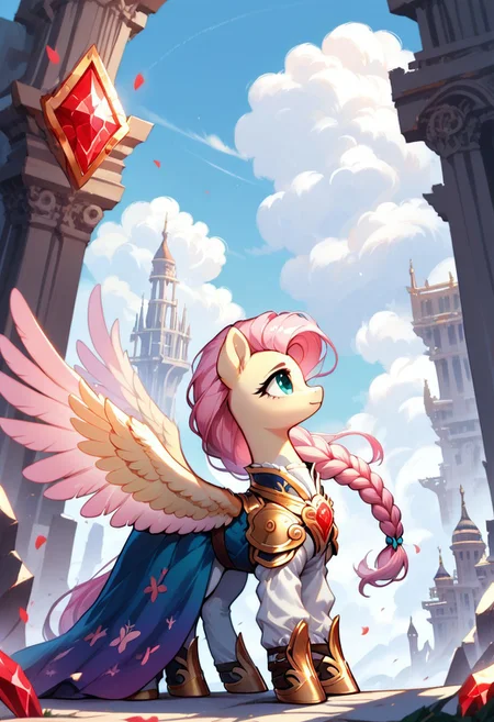 core_9, score_8_up, score_7_up, score_5_up, source_anime, (masterpiece, ultra-detailed, cinematic lighting), pony, Fluttershy, side profile, (dynamic pose), soft and feminine facial features, delicate and expressive amber eyes, long flowing pastel-pink hair braided elegantly, (fluffy fur), (elegant wings), wearing intricate golden armor with glowing red gem centerpiece, warm light reflecting on the armor, dramatic and regal pose, gloomy cityscape in the background with tall gray buildings, foggy and mysterious atmosphere, muted and soft color palette.