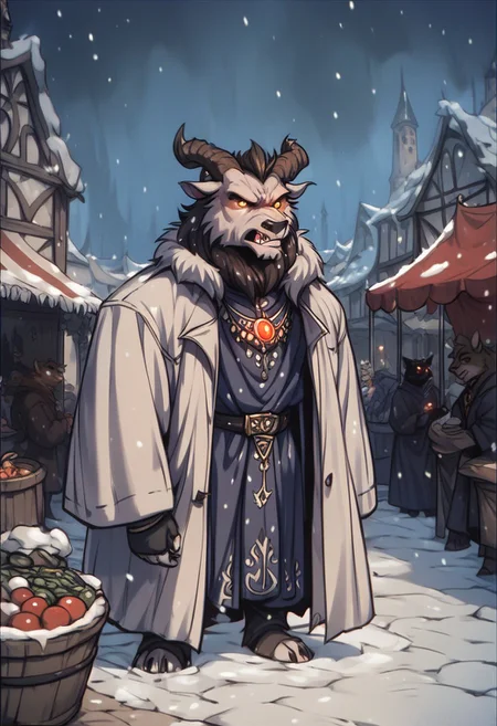 score_9, score_8_up, score_7_up, perfecteyes, anthro bear, square, market, glowing, male 30-40 years old,winter,long coat, brutality, jewellery, snowfall, drifts,fantasy,Vintage,1990s \(style\)