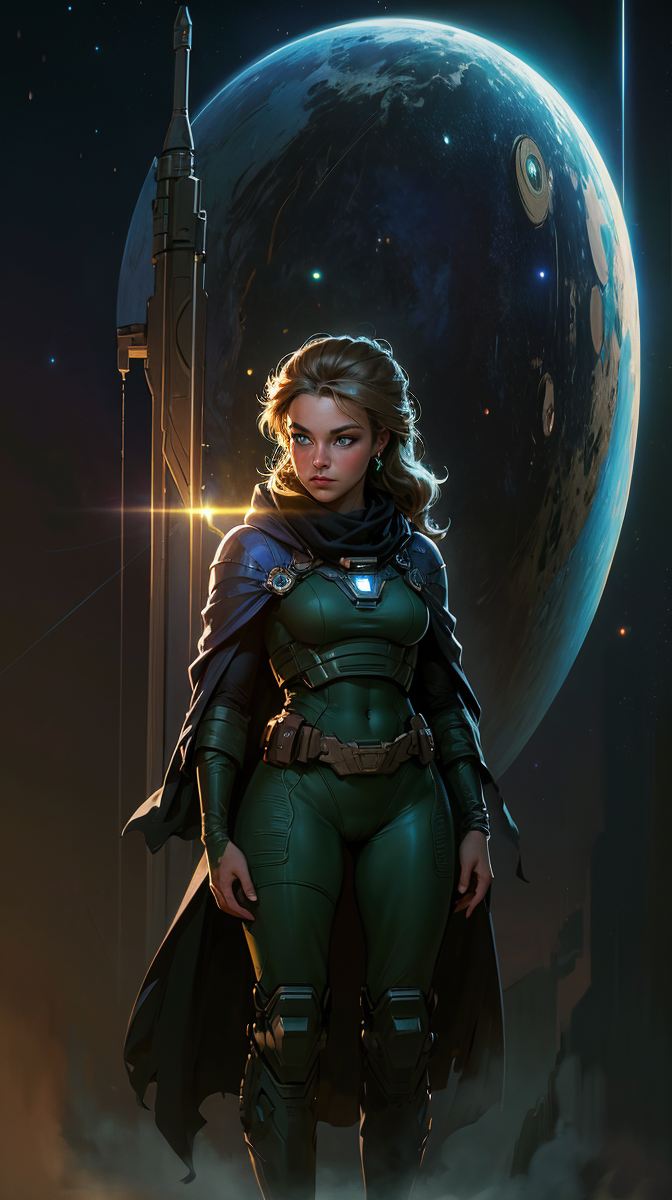 nightvision goggles, USA, green, graceful, no goggles, female, thick thighs, cute, dark themed, 80s anime, vintage, retro, leaning forward, portrait, full body, blowing hair, shawl, cape, backpack, chest strap, earring, dark city background, looking away, middriff, (masterpiece:1.5), (high quality:1.4), subsurface scattering, (intricate, high detail:1.2), blue eyes, military gear, military wizard, epic, nukes, masterpiece, concept art by syd mead of a space woman, space ship, thick_hips, navel, outer space  <lora:concept_art_syd_mead:0.7> [(details:1.2): camel toe : [ (many ultrasmall details: 1.2):(very detailed ultrasmall edges and microrelief:1.5):0.7 ]: 0.4 ] :0.2] giant tits <lora:SaggyBreasts:0.2> shiny skin, pet robot