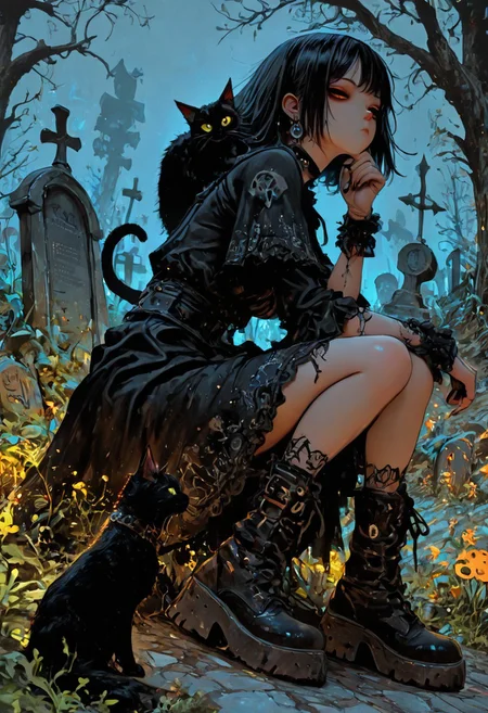 highres, very detailed, amazing quality, masterpiece,
very aesthetic, RBL-Illu,
particle effect, Cinematic,
1girl, solo, witch, goth, bored face, goth dress, boots,
looking at viewer, beautiful eyes, bored,
pet cat, black cat, relaxed pose,
graveyard,
full body shot,