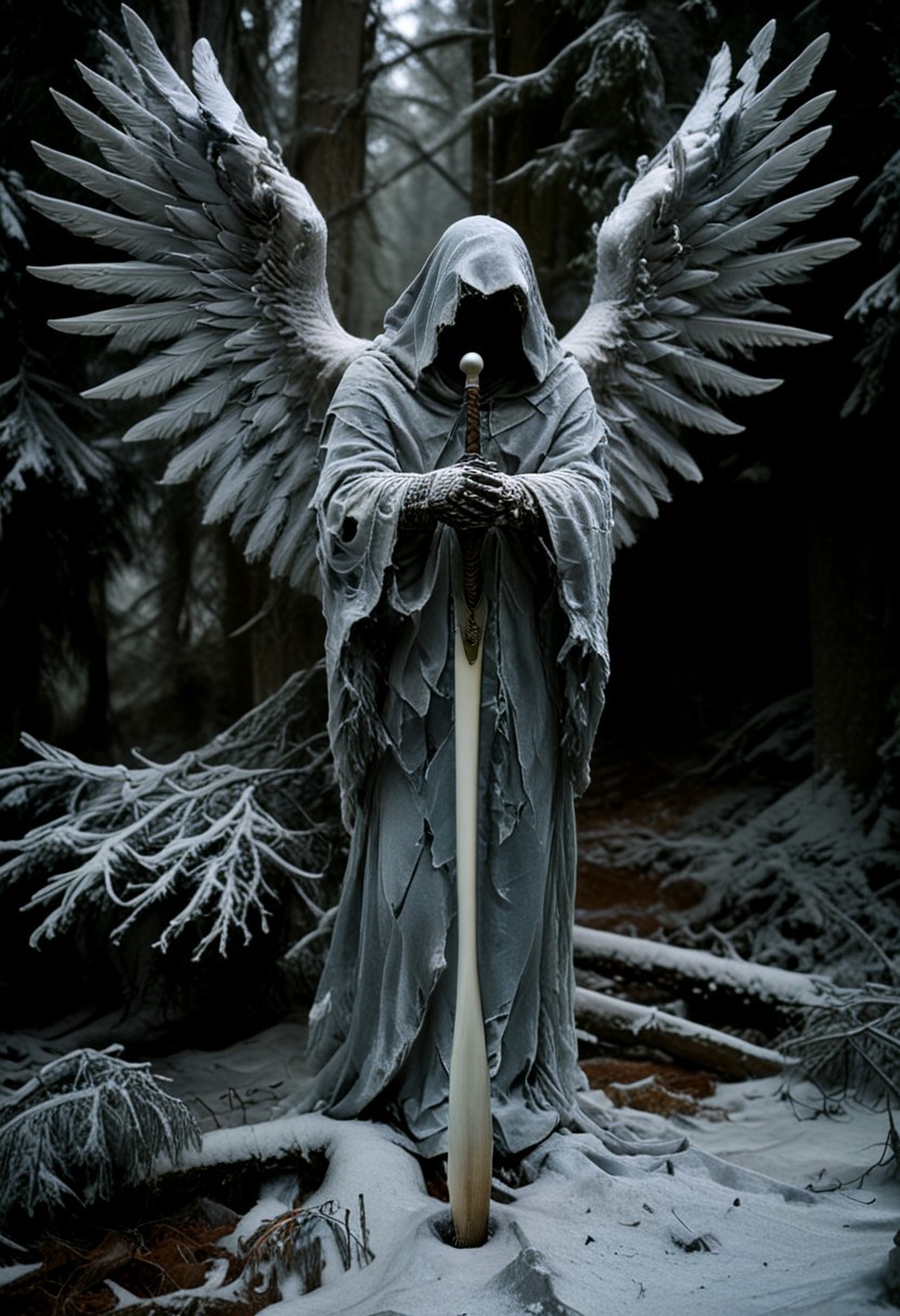 Silent death angel stands facing upcoming dark, sharp lines, extra arms, spreading his wings, detailed armor, extreamly detailed sword, detailed backgrounds, Winter forest, dense forest,starry sky, digital artwork by Beksinski, grainy, masterpiece, extremely detailed, lx, 32k, uhd, dark, low-key, in the style of Kelly Slate, vntblk, dark, digital artwork by Beksinski, ugly, terrible, detailxl, drkms, UHD, 8k, F2.8, RAW Photo, ultra detailed, sharp focus, clear (Style-EMCG:1.5), <lora:aidma-Image Upgrader-v0.1:1>