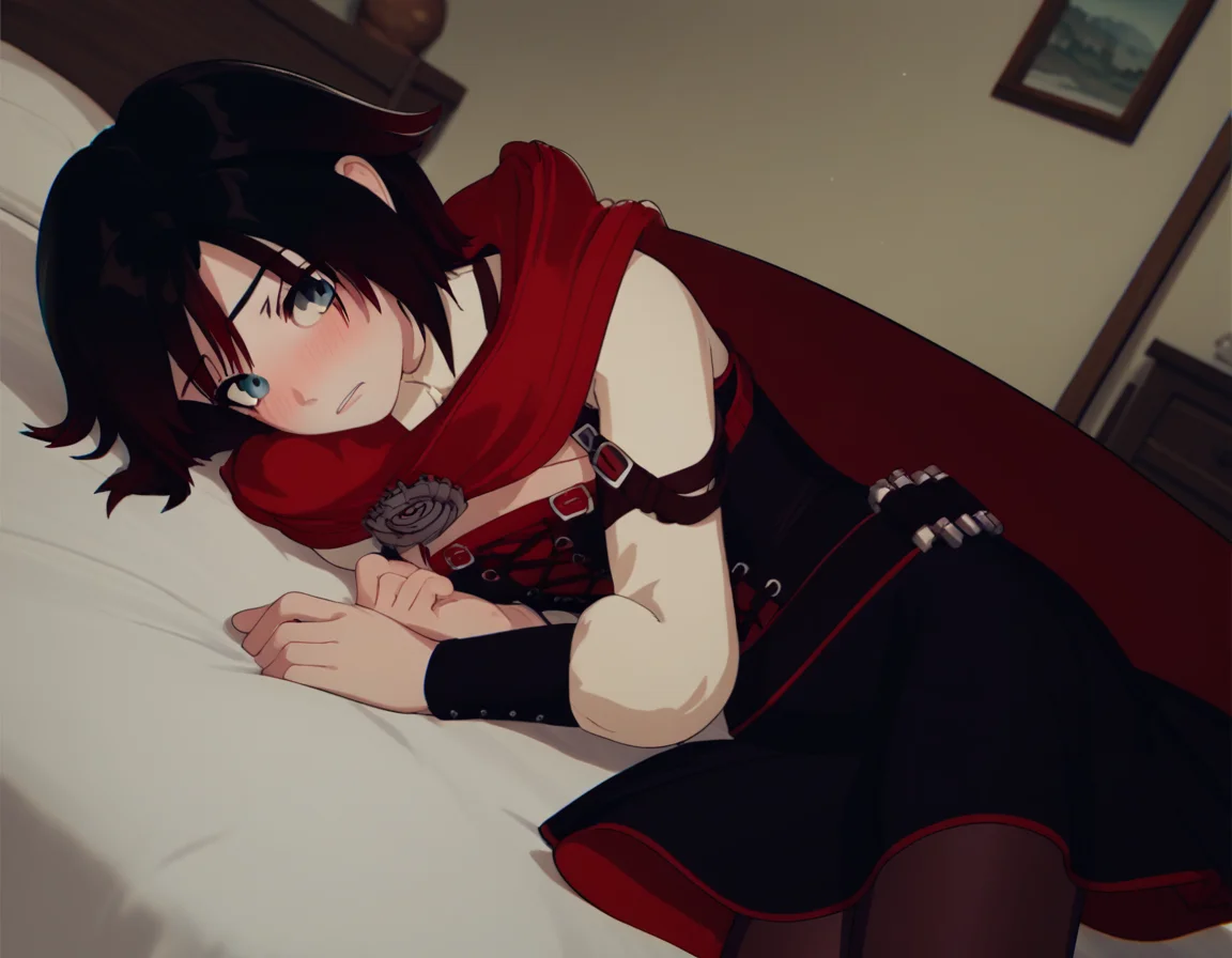 score_9, score_8_up, score_7_up, source_anime, <lora:ruby-rose-ponyxl-lora-nochekaiser:1>, ruby rose, short hair, black hair, red hair, grey eyes,, dress, pantyhose, cape, corset, belt,, indoors, bed, bed room, on side, blush, drunk, looking at viewer, solo, cowboy shot, dutch angle