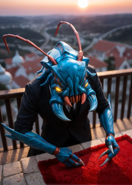 <lora:weaver_v3:0.8>weaver_v3,
1boy,
no humans, pokemon (creature), monster, insect,
yellow eyes, glowing eyes, colored sclera,
claws,
teeth, sharp teeth, fangs,
horns, spikes, antennae, two antennas in the head,
blue skin, colored skin, shiny skin
arthropod limbs, extra arms, multiple legs,, score_9, score_8_up, score_7_up, score_6_up, derpibooru_p_95,
detailed eyes, beautiful, detailed background, perfect eyes,
solo,
French palace background, daytime, colorful luxurious background ,, walking_away, looking_back, looking_at_viewer, from_side, balcony, palace, formal_dinner, red_carpet, ((from_above)), dim lit,
blur censor, blurry, blurry background, blurry foreground, bokeh, motion blur,
chromatic aberration, depth of field, figure, focused, focus
photography, realistic sun light and shadows, photorealism, UHD --ar 9:16 --style raw --stylize 700,