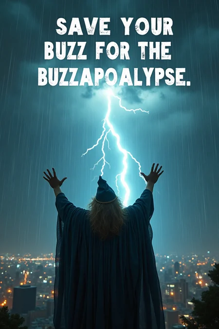 Panoramic view. The wizard shouts raising his hands to the sky. It's raining and lightning is flashing. The atmosphere is alarming. Large text "save your buzz for the Buzzapocalypse" written on top in large letters.