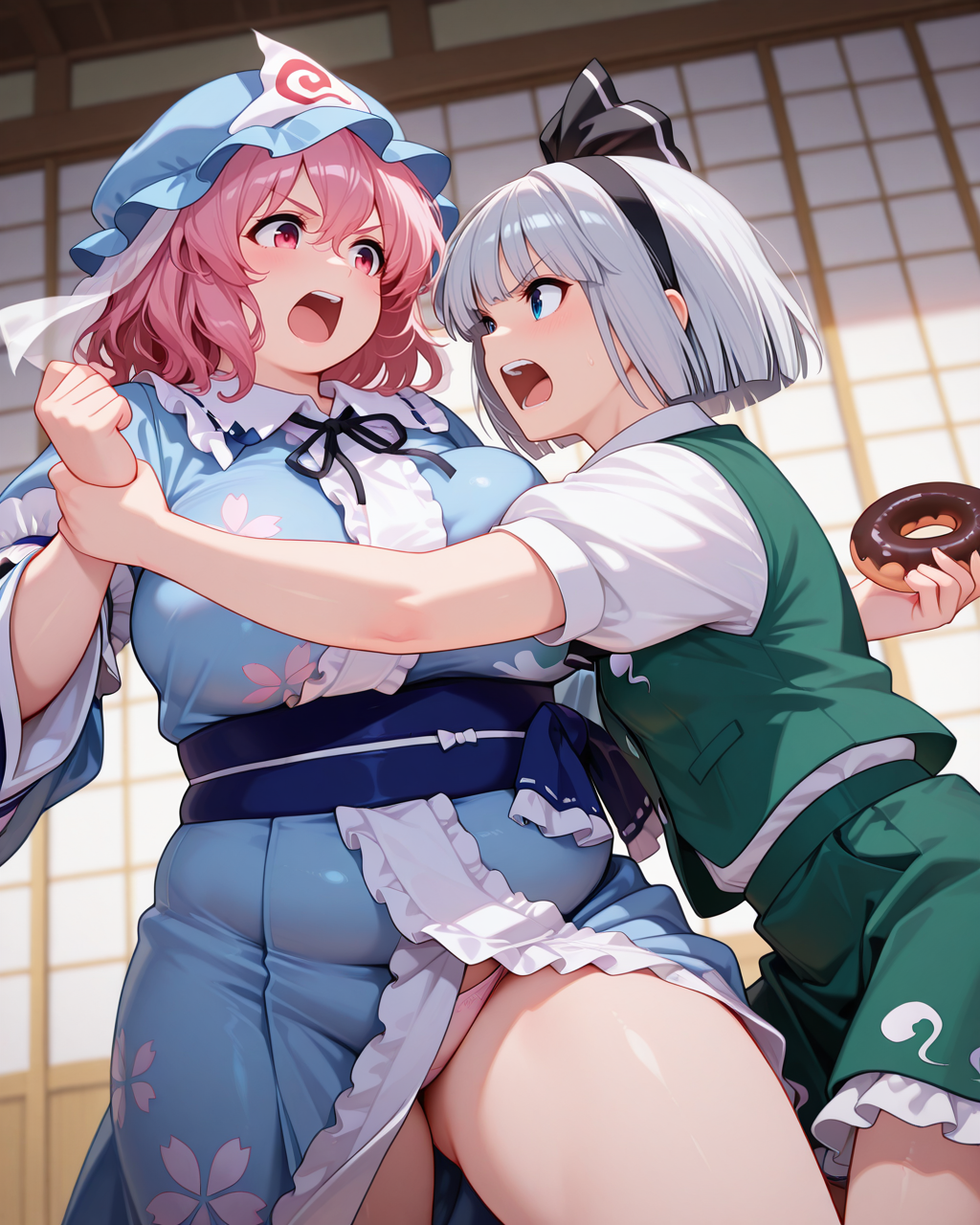 masterpiece,best quality,higres illustration,detailed face,2girls,cowboy shot,<lora:plussizegirls_IL:1>,plump,fighting,shouting,grabbing arm,saigyouji yuyuko,konpaku youmu,holding doughnut,skinny,panties,
