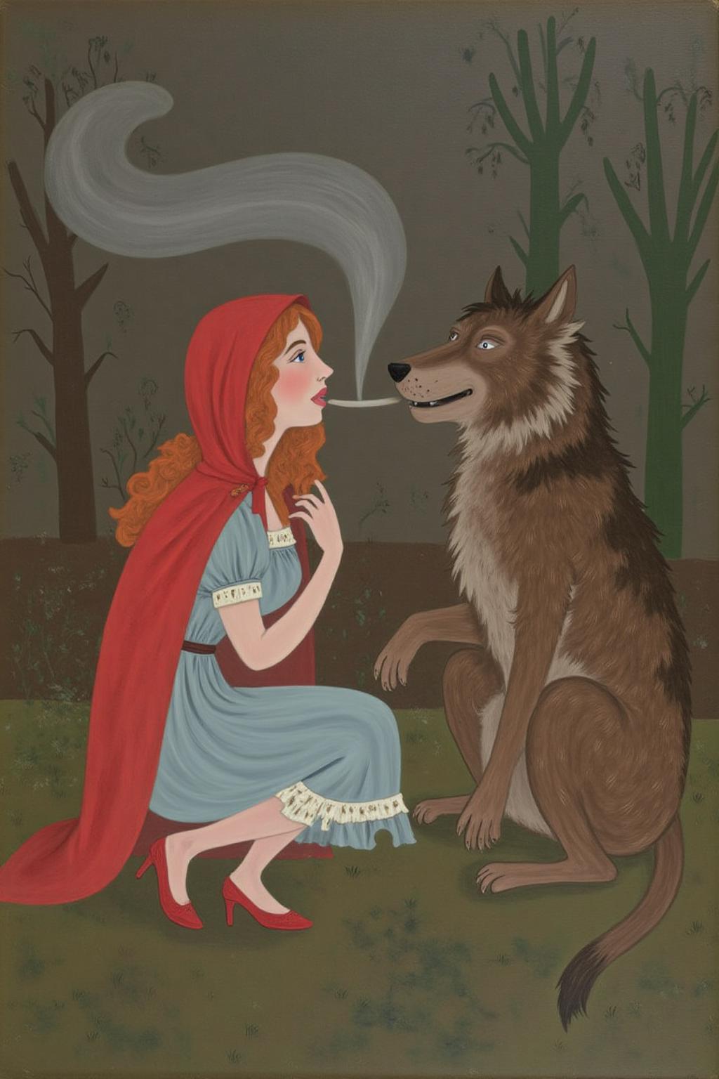 dorislee1 painting. 
A woman with red wavy hair, dressed as Little Red Ridding Hood, squatting on the ground and smoking with the Big Bad Wolf.   <lora:dorislee1_cap_d6a3:1.0><lora:834818432898908964:0>