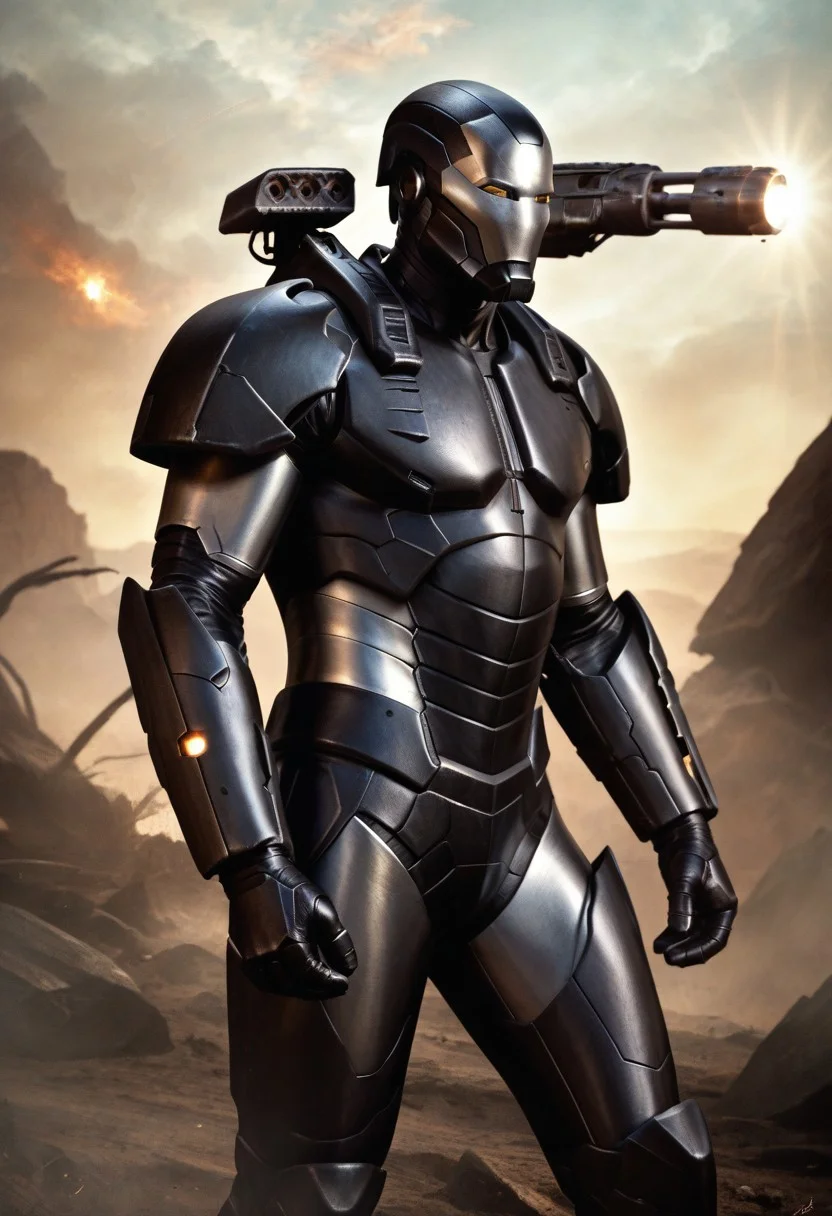 score_9, score_8_up, score_7_up, War machine, black armor, modern armor, modern suit, neutral stance, side view, futuristic metal armor, (((realistic, photorealistic))), mask, helmet, shoulder guns