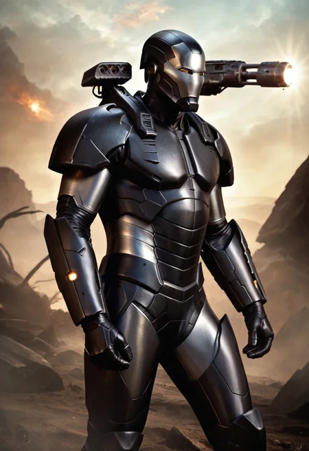 score_9, score_8_up, score_7_up, War machine, black armor, modern armor, modern suit, neutral stance, side view, futuristic metal armor, (((realistic, photorealistic))), mask, helmet, shoulder guns