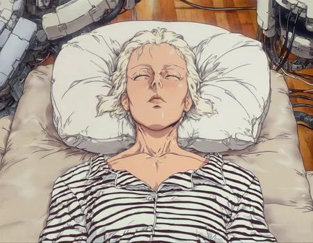 anime screenshot, masterpiece, 8k, high res,  best quality, 
1girl, cable, blonde hair, closed eyes, solo, lying, short hair, on back, sleeping, science fiction, machinery, robot, pillow, striped shirt, shirt, collarbone, indoors, lips, striped clothes, cyborg, wooden floor, 1other, pajamas, cyberbrain, <lora:GITS Illustrious:0.9>