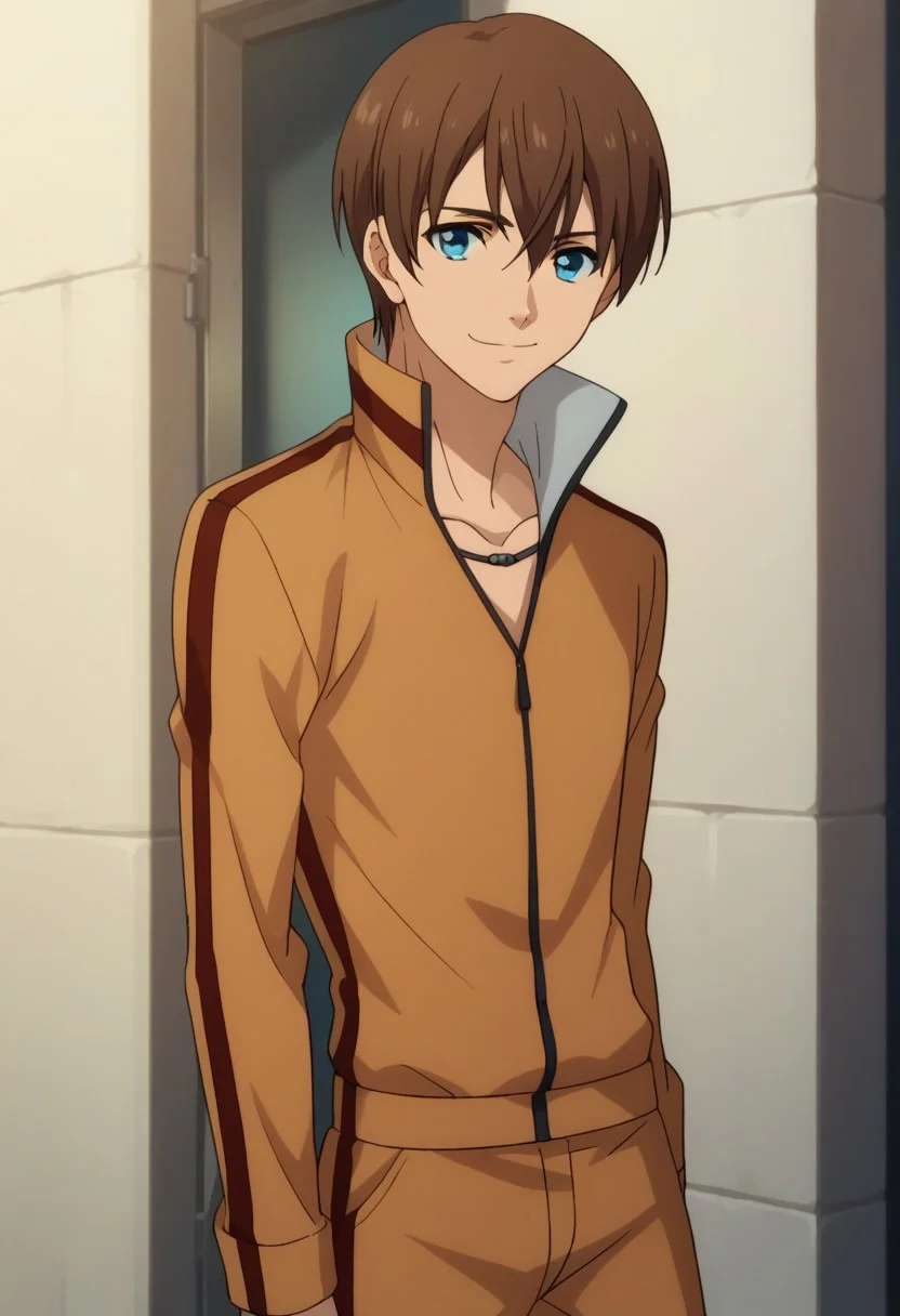 score_9, score_8_up, score_7_up, source_anime, highly detailed,
kensuke, 1boy, male focus, solo, brown hair, upper body, blue eyes, smile, track suit, standing, looking at viewer, pants, track jacket, orange jacket, orange pants, closed mouth
outdoor,