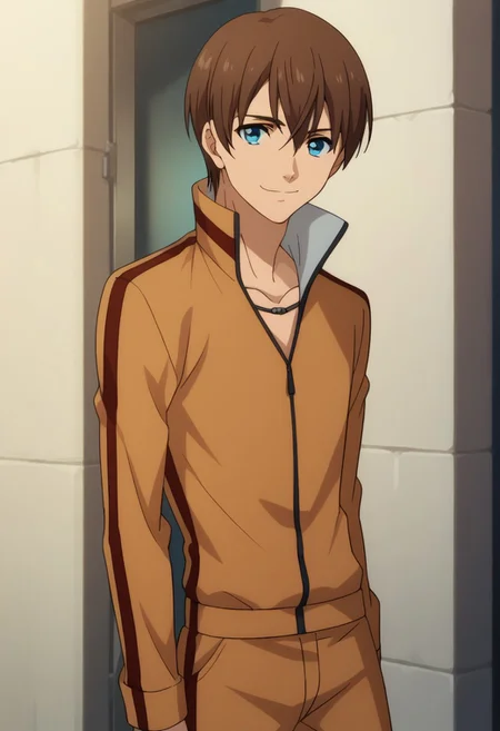 score_9, score_8_up, score_7_up, source_anime, highly detailed, 
kensuke, 1boy, male focus, solo, brown hair, upper body, blue eyes, smile, track suit, standing, looking at viewer, pants, track jacket, orange jacket, orange pants, closed mouth
outdoor,