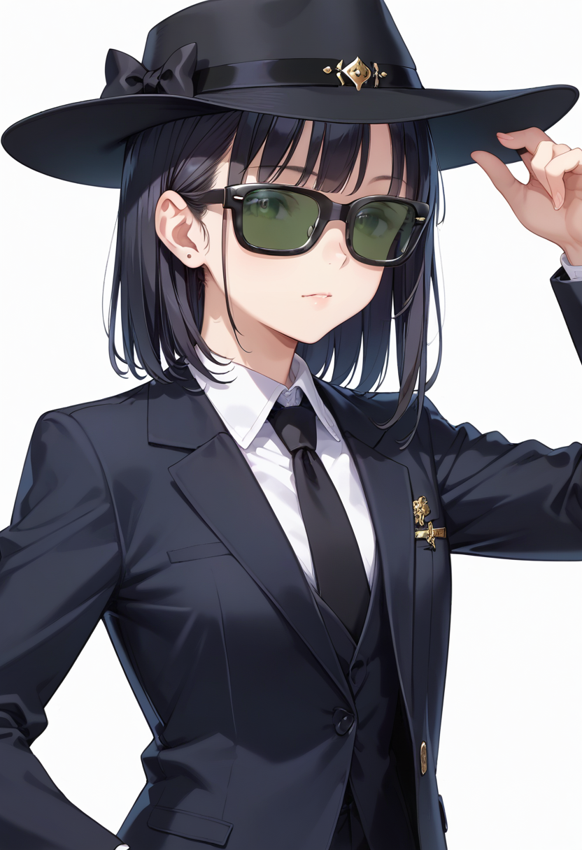 score_9, score_8_up, score_7_up, rating_safe, masterpiece, best quality, absurdres, unity 8k wallpaper, official art, official style, source_anime, uncensored, game cg, megami magazine,
1girl, solo, black hair, medium hair, upper body, covered eyes,sunglasses,  suit, black suit, necktie, black necktie, black fedora, black hat,
sg_WAYFARER, sunglasses, covered eyes, white background, simple background, darkgreen tinted eyewear, black-framed eyewear, 
 <lora:glasses_wayfarer_PONY_V1:1>