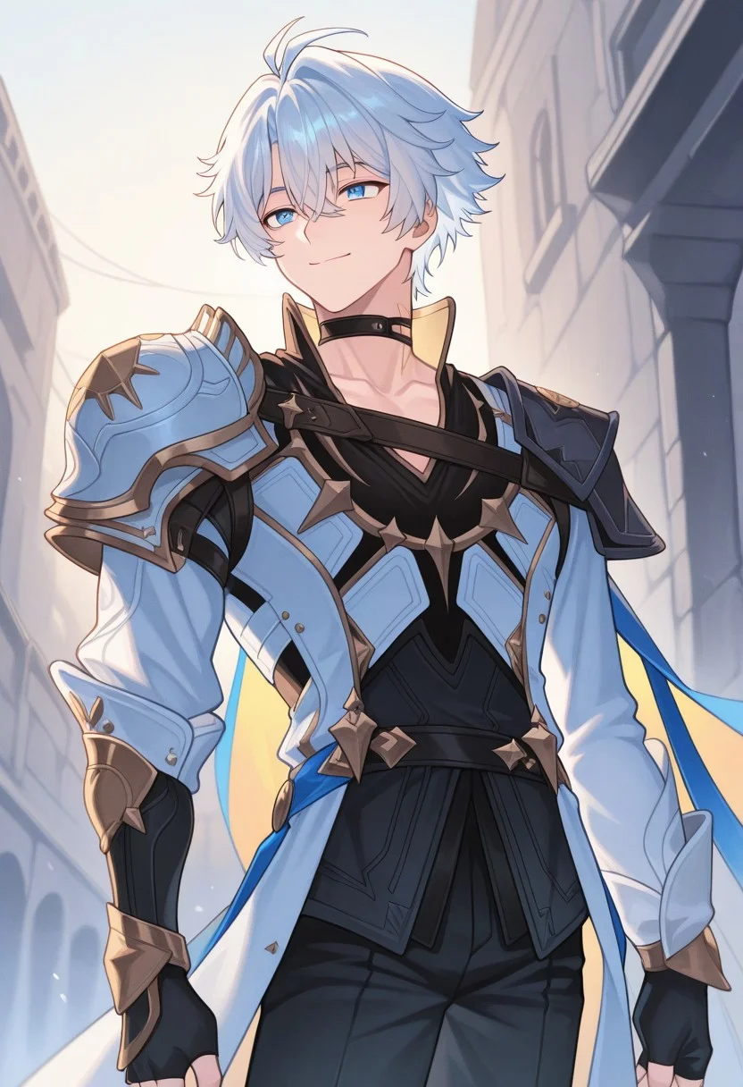 masterpiece,best quality,amazing quality, source_anime, 
Phainonhsr, 1boy, male focus, solo, blue eyes, white hair, black choker, neck tatto, shoulder armor, shirt, black shirt, coat, white coat, cape, fingerless gloves, pants, black pants, smile, closed mouth, outdoor,