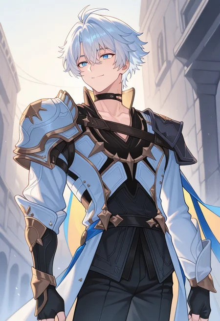 masterpiece,best quality,amazing quality, source_anime,
Phainonhsr, 1boy, male focus, solo, blue eyes, white hair, black choker, neck tatto, shoulder armor, shirt, black shirt, coat, white coat, cape, fingerless gloves, pants, black pants, smile, closed mouth, outdoor,
