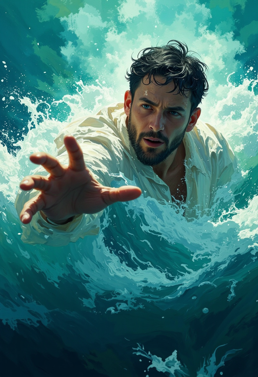 This image captures a dramatic and emotional moment, with a man submerged in turbulent water, reaching out to the viewer with an intense and purposeful expression. The dynamic lighting, realistic textures of water, and vibrant blue-green palette evoke a powerful sense of struggle and hope, enhanced by symbolic allusions to faith and salvation. The overall composition creates an immersive and spiritual atmosphere, resonating with themes of trust, rescue, and divine intervention.