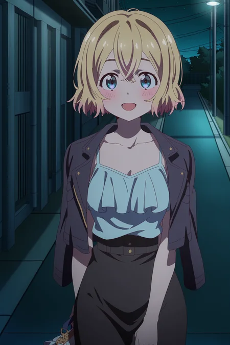 anime screencap, anime coloring, detailed face, masterpiece, best quality, very aesthetic, absurdres, volumetric lighting, official style, amazing quality, ultra detailed, highres, amazing quality, scenery, beautiful detailed hair, beautiful detailed eyes,
outside, night,
<lora:Mami_Nanami_Rent-A-Girlfriend:1>
Mami Nanami (character), 1girl, solo, jacket on shoulders, jacket, skirt, blonde hair, night, blush, short hair, handbag, blue eyes, bag, standing, camisole, looking at the viewer, :D