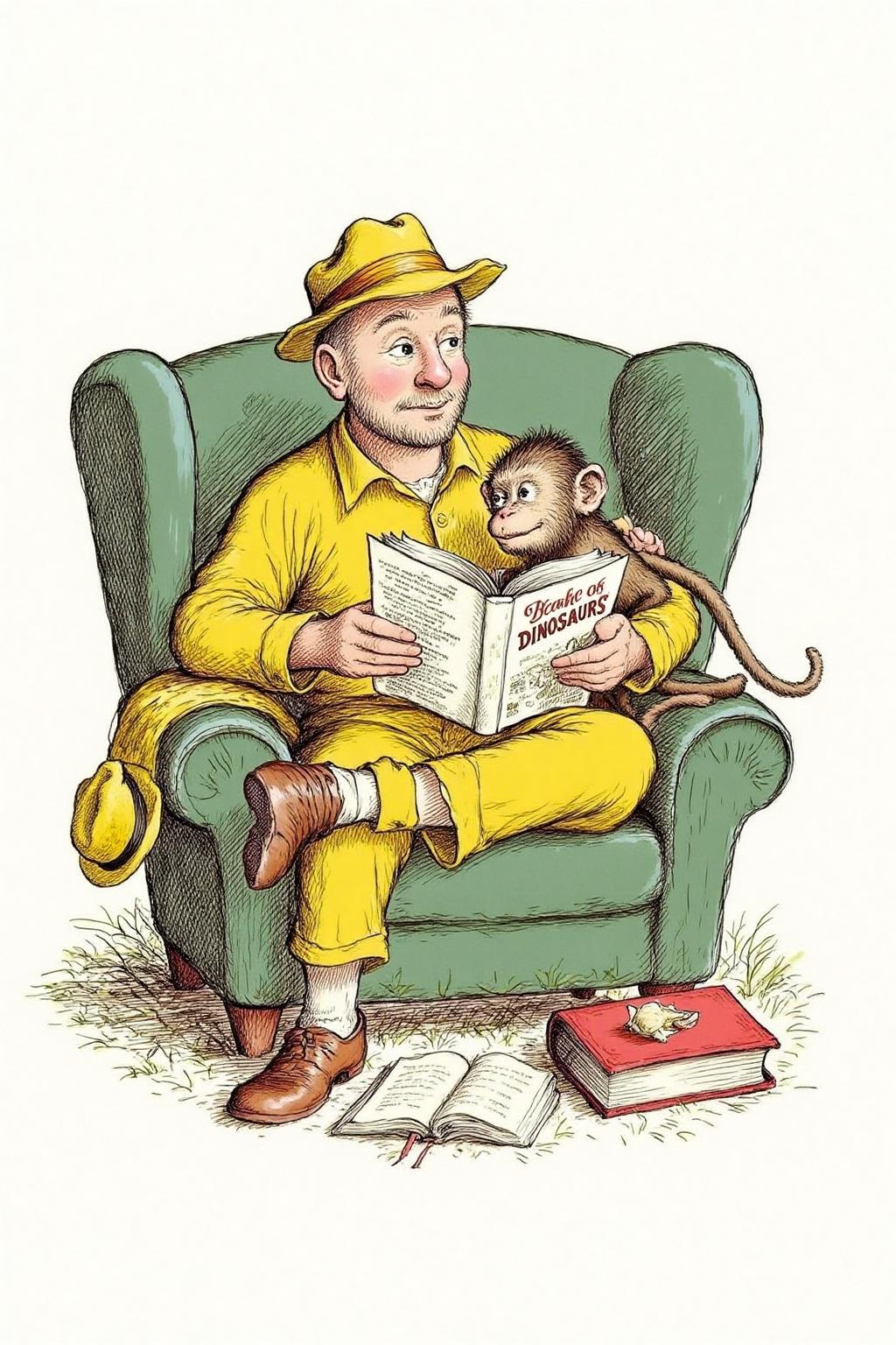 gawi1 illustration. 
 A man sitting in a deep green, plush armchair with a high back and rounded arms. The man is dressed in a bright yellow outfit, including a yellow shirt with a high collar and matching pants, and a yellow hat with a wide brim. He is sitting comfortably, reading a book titled "Dinosaurs" to a small monkey perched on his lap. There are two books lying on the floor. A yellow hat is hanging off the sofa. 
 <lora:gawi1_cap_d6a3e12:1.0><lora:827364817804438007:0>