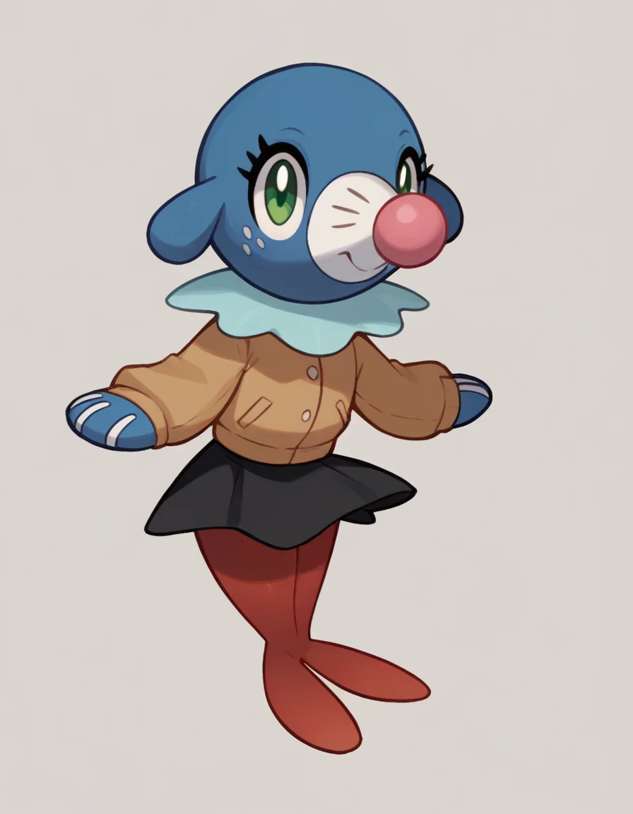 score_9, score_8_up, score_7_up, score_6_up, score_5_up, score_4_up, 1girl, full body, solo,
corduroy jacket over fitted turtlekneck,, black skirt, pantyhose, red pantyhose,
freckles, <lora:Popplio_v0-4-lora:0.8> popplio, blue fur, white snout, pink nose, droopy ears, whisker markings, blue collar, frilled collar, pokemon \(creature\), (seal \(animal\):1.2), green eyes, eyelashes, pinniped, flippers,