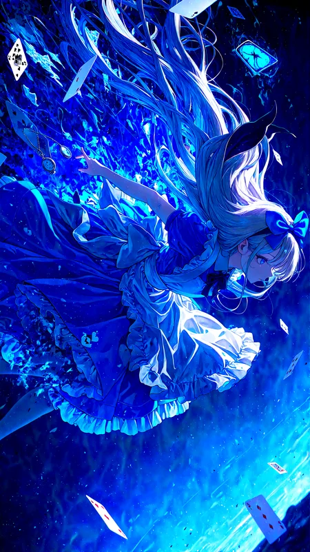 1girl, (dynamic angle:1.2), dynamic pose, alice in wonderland, apron-dress, frill, big bow on head, (pocket watch on waist:0.7), playing card, floating object, blue theme, white tone, purple tone, uncanny, chromatic aberration, disintegration effect, fantasy, masterpiece, best quality, amazing quality, very aesthetic, absurdres, newest,