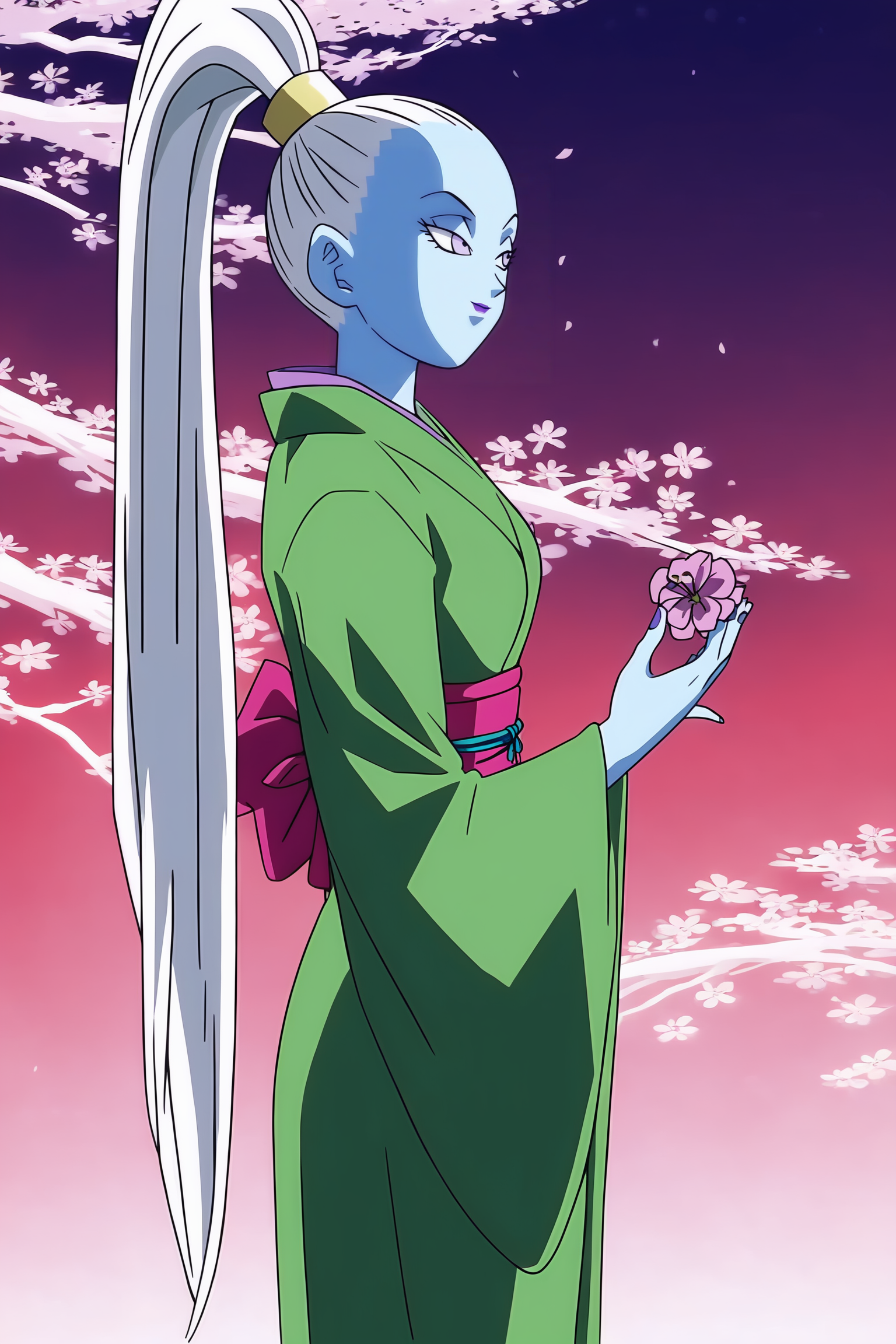 source_anime, score_9, score_8_up, score_7_up, anime screencap, absurdres,
vados \(dragon ball\), hair pulled back, high ponytail, very long hair, purple eyes, white hair, colored skin, blue skin, purple lips
1girl, solo, 
 flower, white hair, japanese clothes, nail polish, sash,  obi, green kimono, from side, looking at another, neck ring, temple, cherry blossoms, dappled sunlight, 
 <lora:Angels_v1:0.8>