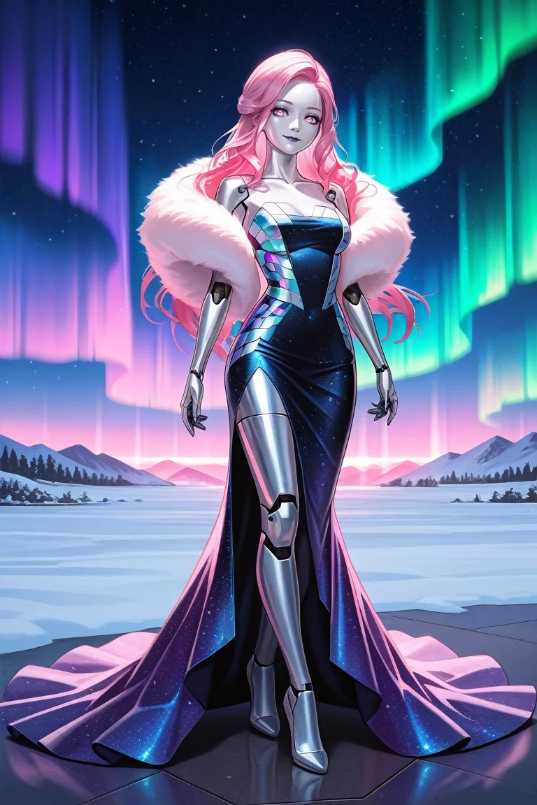 masterpiece, best quality, absurdres,
<lora:ILCyberLizzy:0.8>
CyberLizzy, 1girl, silver skin, robot, long hair, pink hair, looking at viewer, glowing sky over shoulders, aurora borealis pattern dress, aurora on dress, aurora, starry sky, night, collarbone, background blur, full body, smile