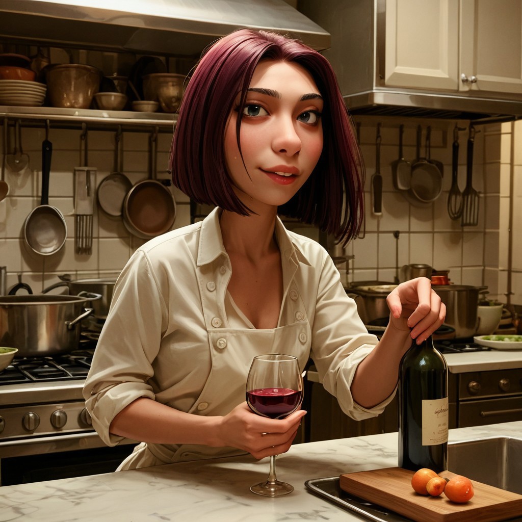 score_9, score_8_up, score_7_up, score_6_up, score_5_up, score_4_up, ColetteRat, in a kitchen, drinking wine