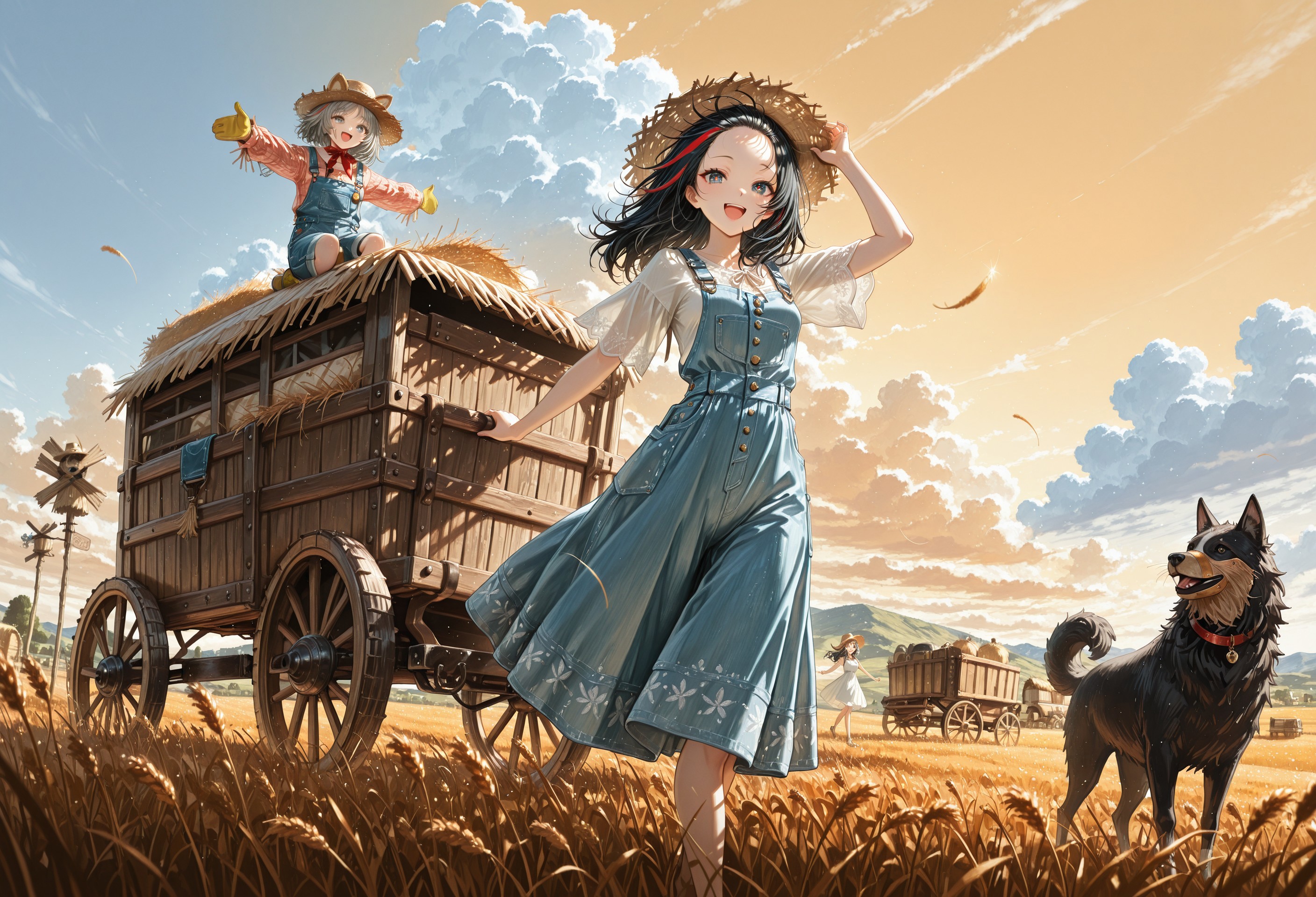 1rregular_b0, hyperdetailed_bg, (realistic_bg:1.2, su22eal_bg:1.2), (full_bg:1.4), (wheatfield, scarecrow, small wooden wagon, round wheat bale, yellow sky, pale blue clouds, depth of field, small village in distance), (detailed background),

(1girl, solo, dynamic pose, :D, look at viewer, fluttering dress), (straw hat blue overall, white dress), ((great anatomy, correct anatomy, akariL, wide forehead, black hair, long hair, medium hair, red_streaked_hair, greenish_grey_pupils, red_iris, small breasts)),

fullbody, eye level, front view, (rule of thirds),

((best quality, amazing quality, HD, intricate, ultra-detailed, masterpiece, absurdres, newest, visual impact, very aesthetic, high contrast)), detailed facial features, detailed clothing features, detailed texture, 