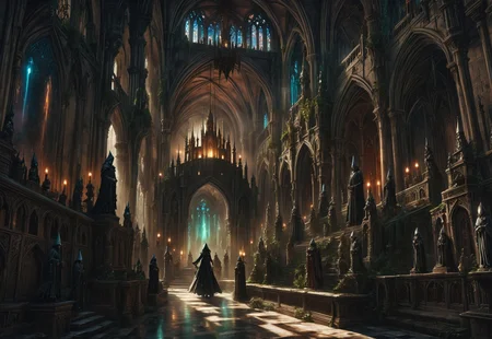 1other, indoors, balcony, window, stained glass, tower, stairs, multiple others, ambiguous gender, fantasy, architecture, altar, greenery, standing, weapon, multiple boys, arches, apses, flying buttresses, (low-angle high-angle shot of a grand hall capturing the castle's grandeur:1.2).
The castle is decorated with antique furniture and statues. Two hooded acolytes, dressed in dark clothing, are performing a dark ritual at an altar. A disturbing and ominous scene inside a gothic castle., The illustration captures a sense of mystery and intrigue.,
crepuscular rays, volumetric lighting, reflections, soft shadows, light bloom, (deep glow effect:1.3),
anime artwork, anime style, studio anime, realistic, hyperrealism,
highly detailed, masterpiece, best quality, very aesthetic, absurdres, cinematic lighting,
DonM3t3rn1tyXL, Bloodborne, artchlr, DonMG414XL, otclillsn,