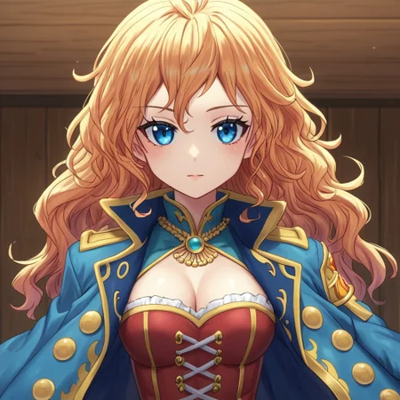 mana_sk style, portrait, focus on face, a fearless pirate queen woman with wavy chestnut hair and intense sapphire-blue eyes, wearing a richly decorated captain’s coat over a fitted corset and an assortment of golden jewelry, her expression daring and charismatic, a grand ship deck with a stormy ocean and tattered sails in the background, Japanese RPG style, adventurous and regal atmosphere, intricate details on her coat and accessories