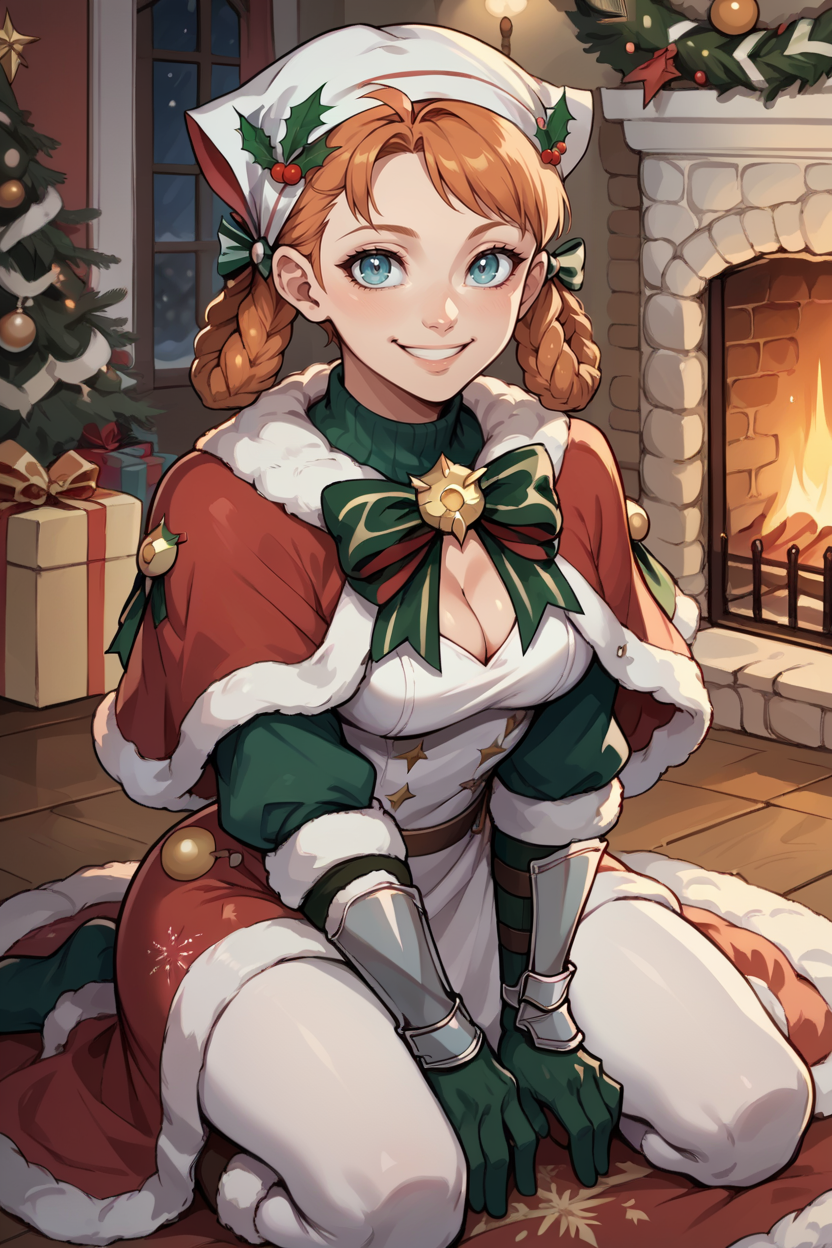 score_9, score_8_up, score_7_up, score_6_up, source_anime, BREAK 1girl, solo <lora:annette-pdxl-nvwls-v1-000005:1> xmasAnne, hair rings, braid, swept bangs, head scarf, red capelet, fur trim, green bowtie, white dress, cleavage, white and red skirt, vambraces, green gloves, christmas, fireplace, kneeling, looking at you, smile