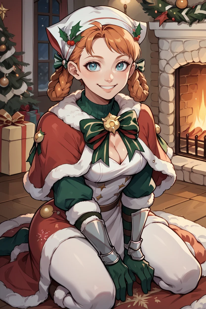 score_9, score_8_up, score_7_up, score_6_up, source_anime, BREAK 1girl, solo <lora:annette-pdxl-nvwls-v1-000005:1> xmasAnne, hair rings, braid, swept bangs, head scarf, red capelet, fur trim, green bowtie, white dress, cleavage, white and red skirt, vambraces, green gloves, christmas, fireplace, kneeling, looking at you, smile
