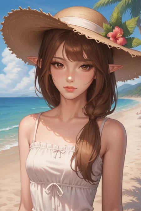 score_9, score_8_up, score_7_up, score_6_up, source_anime, 2d, ((pastel, sketch)),
1 female, solo, portrait, looking at viewer,
elwyn, elf ears, brown hair, brown eyes, hair over one shoulder,
thin, petite, lips, cute, white sundress, beach, palm trees, straw hat, narrowed eyes,
<lora:Elwyn:0.6>