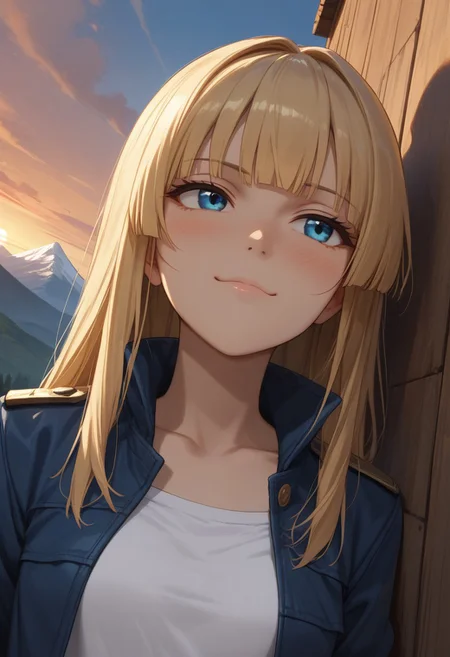 (score_9, score_8_up, score_7_up), 1girl, solo,( blonde hair), blue eyes, long hair, hime cut, long bangs, small breasts, collarbone, open jacket, white crop top, leather jacket, blue jacket, sunset, leaning on wall, wooden wall,
( face focus, from below, close-up:1.3), metal railguard, mountains,
fisheye, (relaxed, looking away, dutch angle:1.2),
smug, blush