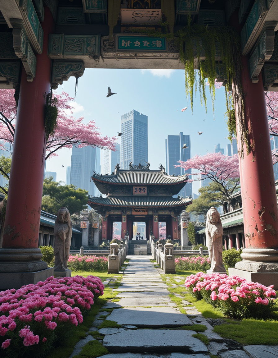 <lora:City_Worlds_02__Lost_-_Temple:1> cw02lost, cyberpunk skyline above, creeping vines and soft pink banners hanging from decayed beams, high-resolution textures, dramatic environmental storytelling, faded grandeur, delicate pink petals scattered, floating cherry blossom islands in the sky, towering overgrown rooftops, old weathered red wooden columns and cracked stone tiles, old imperial East Asian temple entrance, central composition in frontal one-point perspective, slight left-facing angle, cracked statues and ancient columns, bright blue daylight and soft clouds, pathway to the clouds