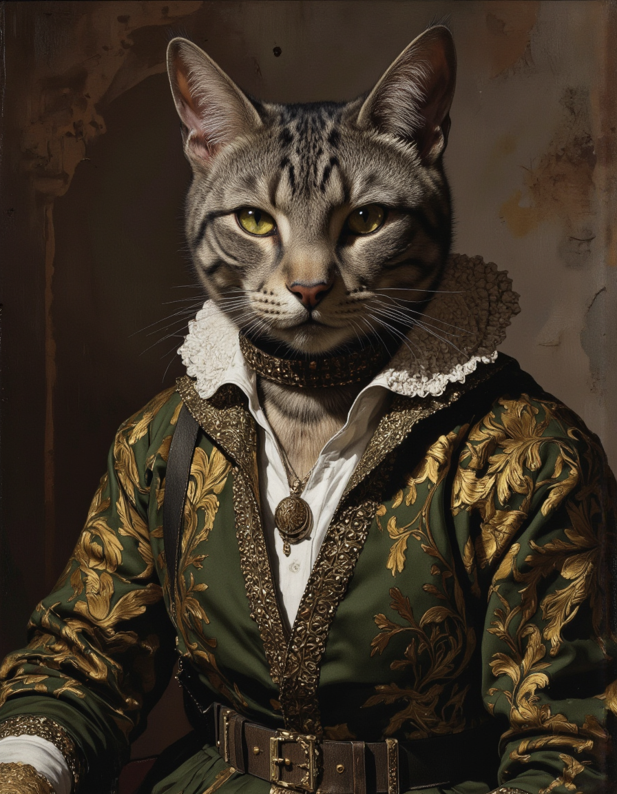 ZooPolis art.
A cinematic photograph of Rembrandt style full body shot of old antropomorphic cat. Whole outfit, clear, sharp, balanced. Baroque, chiaroscuro, realistic, emotional.