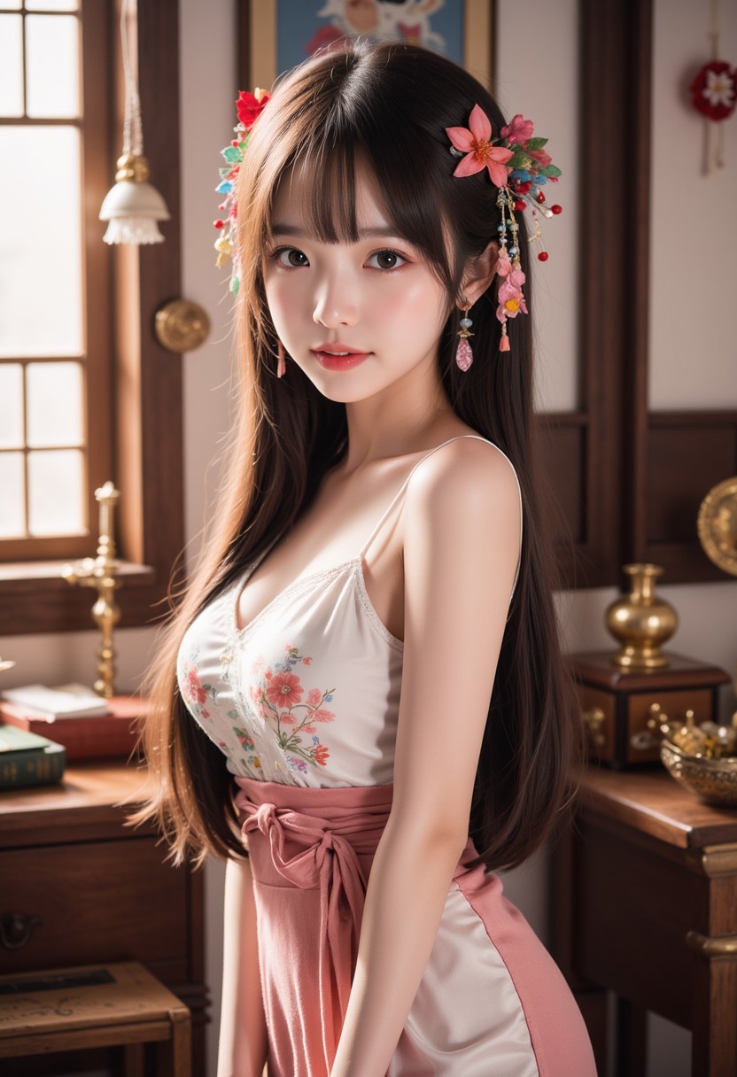 Chinese girl, 1girl, hair ornaments, 1qqq, indoor, full body view, beautiful winter clothes, decorated room,
