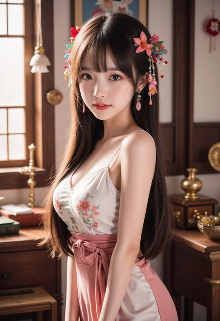 Chinese girl, 1girl, hair ornaments, 1qqq, indoor, full body view, beautiful winter clothes, decorated room,