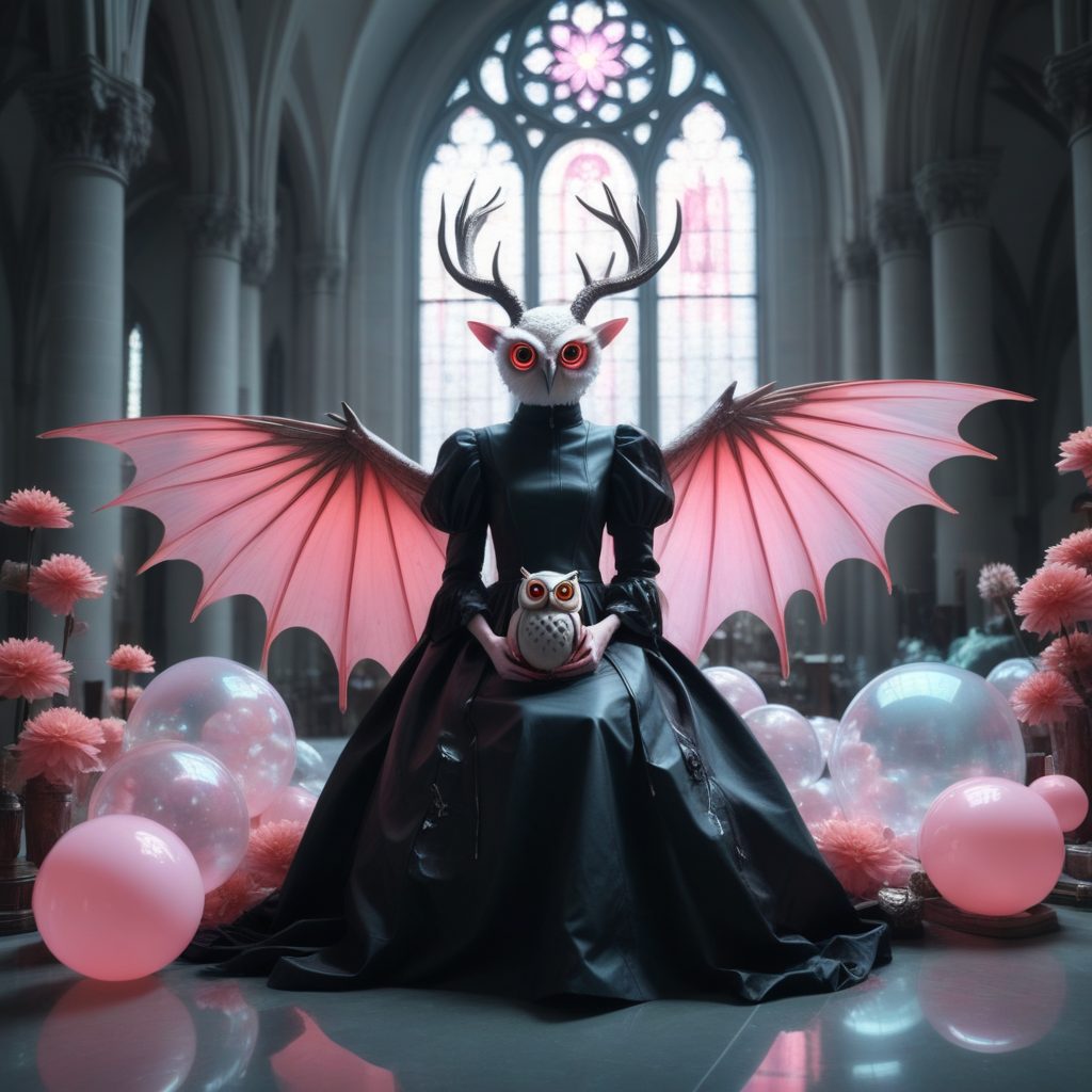 still life, lotus, insect wings, antlers, cyberpunk, makeup, signature, puffy sleeves, demon tail, church, owl, flower, reflective floor, bubble, monster