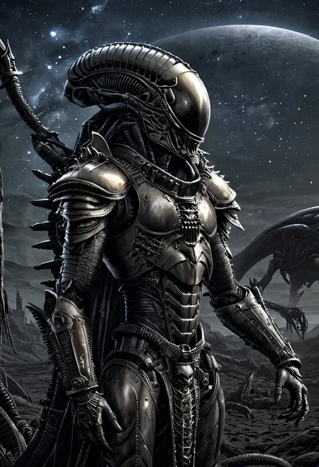 An insanely Detailed Divine Xenomorph, Golden and silver in color, a crimson tinge to the golden color, Hyperdetailed, Omnipresent, Beautiful, Sinister overtones, otherworldly,((masterpiece, best quality)), fantasy, solo, 1 alien knight, silver armor chestplate with silver medieval ornaments and runes, galactic night sky background, perfect composition, sidelighting, outdoor, in a duster standing alone in the desert, art by hr giger,