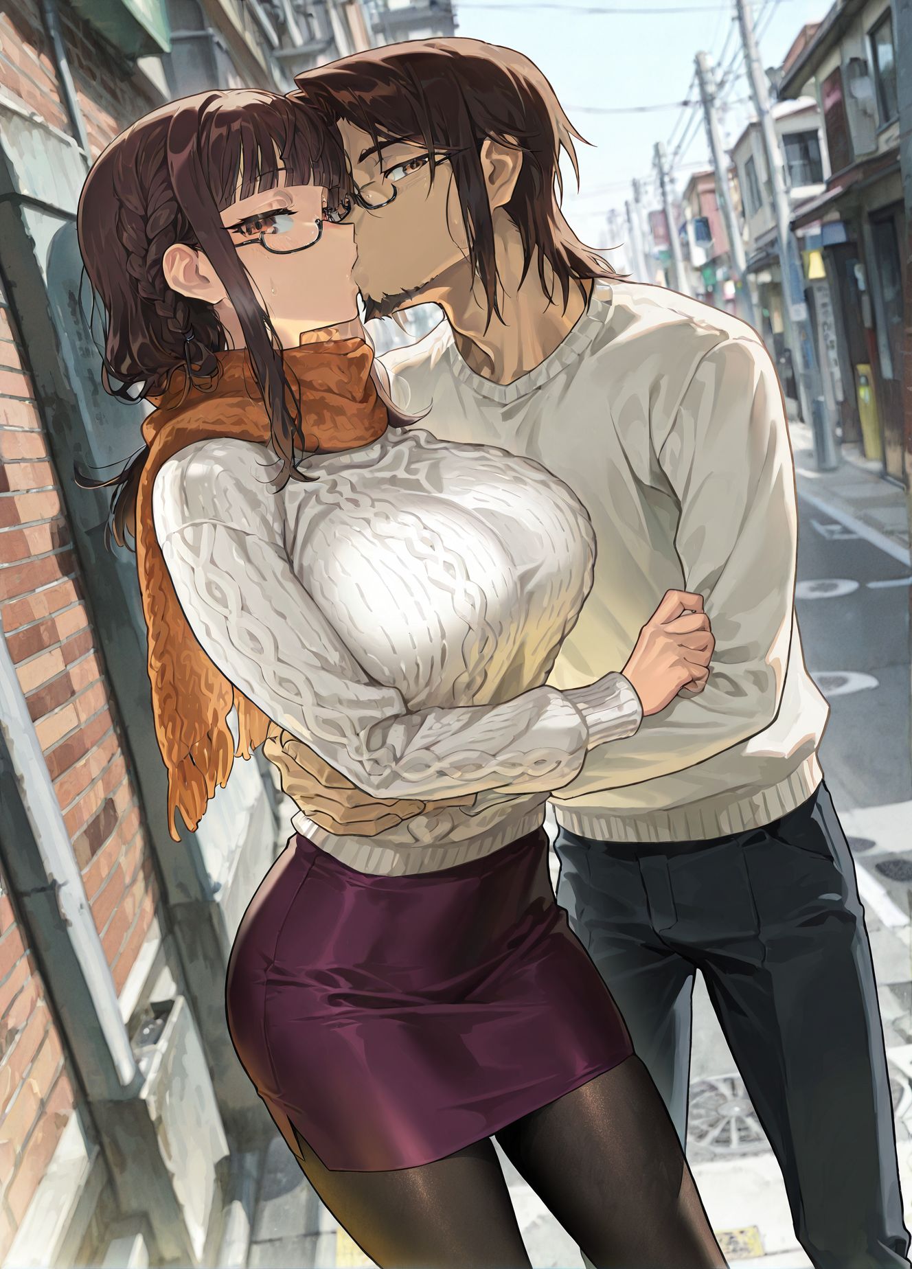masterpiece,best quality,amazing quality,very aesthetic,absurdres,newest, huge filesize,
<lora:spo_sdxl_10ep_4k-data_lora_webui:0.5>,
day, 
1girl, huge breasts,  brown eyes, under-rim eyewear, black-framed eyewear, brown hair, braid, blunt bangs, sidelocks, medium hair, orange scarf, cable knit, white sweater, long sleeves, purple skirt, pencil skirt, miniskirt, black pantyhose, street, outdoors, standing, looking at viewer, volumetric lighting, <lora:Fujimiya Sumika illustxl:0.9>
BREAK
1boy, shibazaki yousuke, long hair male,kiss,35yo, skinny male,glasses male,  mature male,